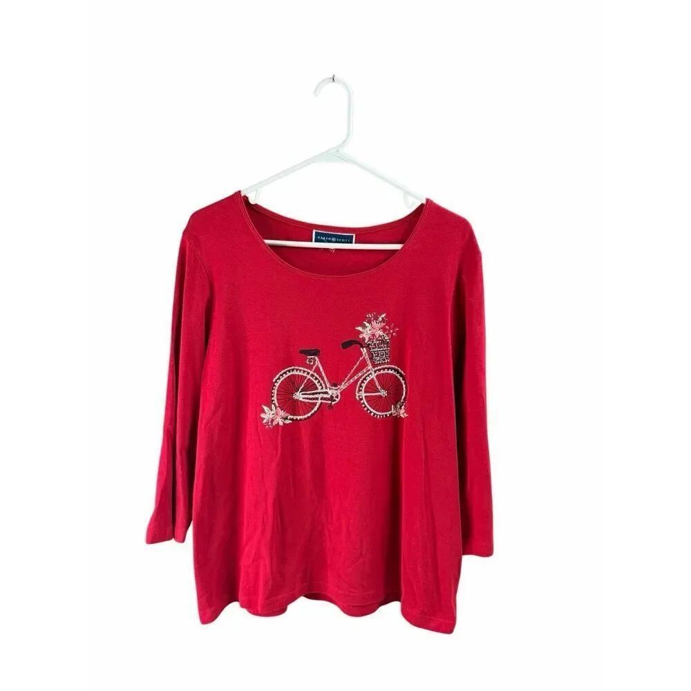 Karen Scott XL Embellished Bicycle Floral Cottagecore Boho Cotton Top Chic Red